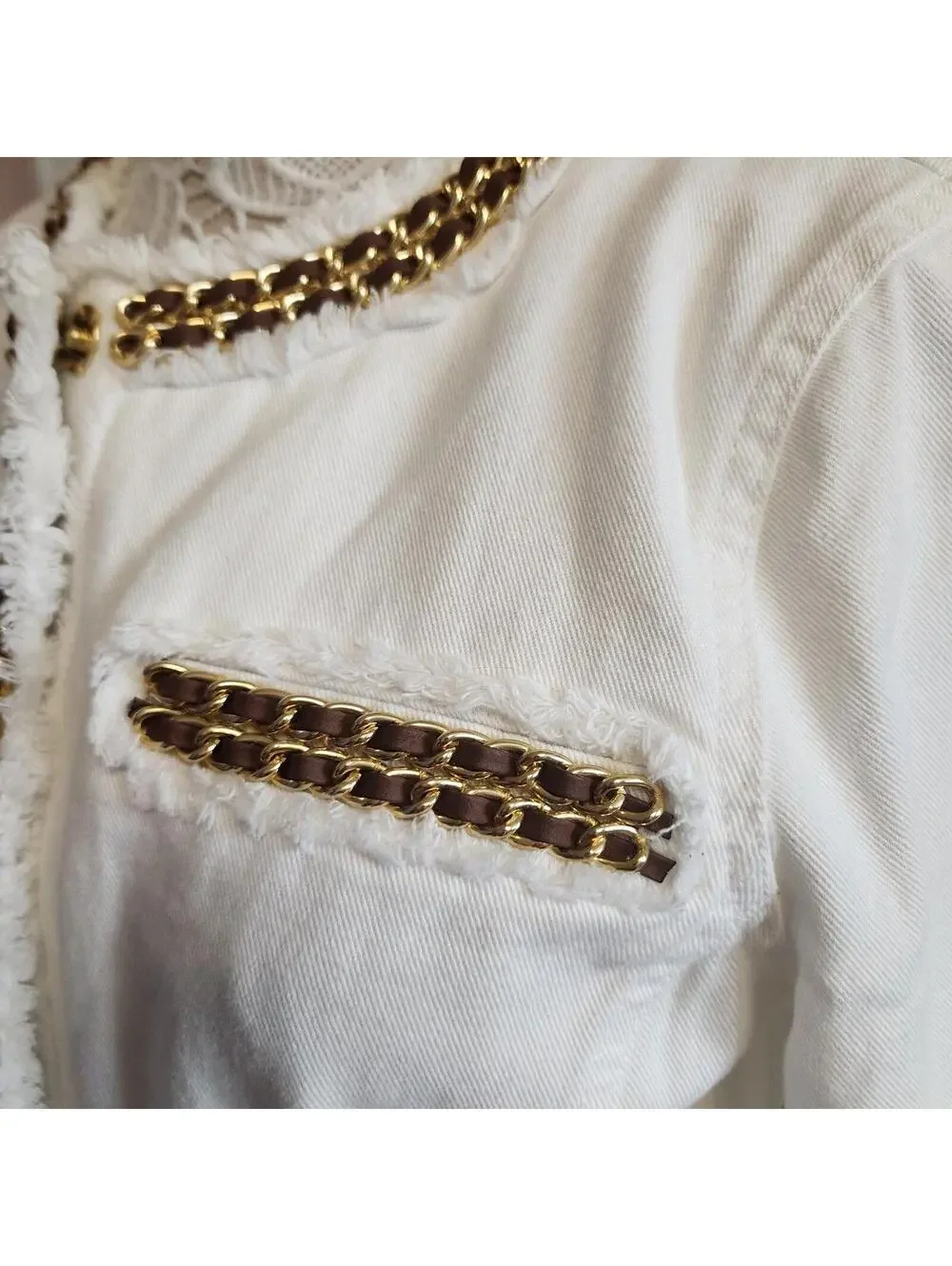 Michael Kors White Denim Jacket Gold Chain Trim Fringe Blazer 12